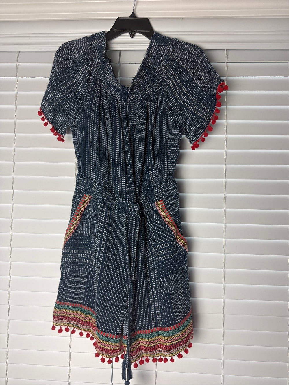 Eomen’s Navy Blue Pom-Pom Trim Short Romper